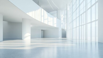 Obraz premium Futuristic modern building interior with open spaces and natural light, no people, copy space