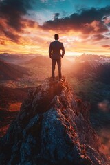 Fototapeta premium A businessman in a suit standing on top of a mountain peak, overlooking a beautiful landscape at sunrise or sunset, symbolizing the concept of success and achievement. 