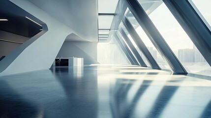 Obraz premium Futuristic modern office space with sleek design and natural light, no people, space for text