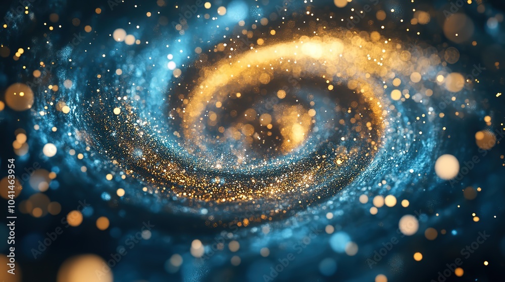 Poster blue and gold particle vortex with dynamic swirl and wind blowing effect in motion for artistic back