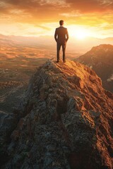 Fototapeta premium A businessman in a suit standing on top of a mountain peak, overlooking a beautiful landscape at sunrise or sunset, symbolizing the concept of success and achievement. 