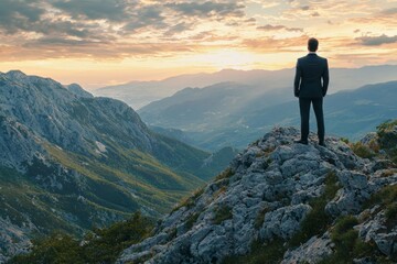 Fototapeta premium A businessman in a suit standing on top of a mountain peak, overlooking a beautiful landscape at sunrise or sunset, symbolizing the concept of success and achievement. 