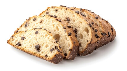 Chocolate chip bread slices on white background showcasing texture and freshness