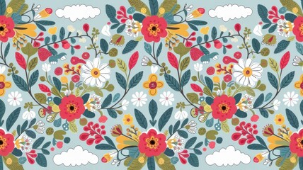 Floral seamless pattern featuring flowers and birds in a vintage style, perfect for spring and summer decor