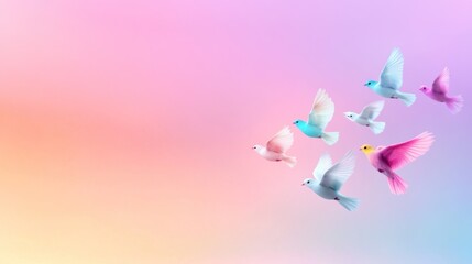 flock of pastel colored birds flying against soft gradient background