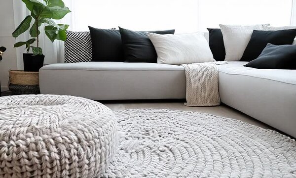 L shaped sofa with black and white pillows in a room
