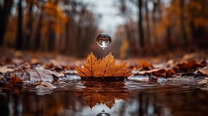 serene autumn scene featuring water droplet suspended above vibrant orange leaf, reflecting surrounding forest. tranquil atmosphere evokes sense of peace and connection with nature