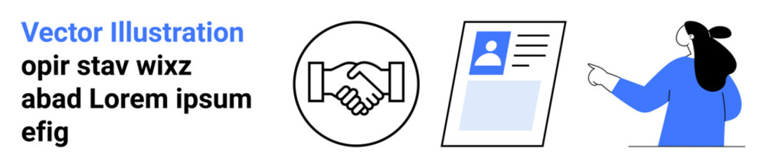 Two people shaking hands, a profile or resume document, and a woman pointing. Ideal for business networking, professional communication, human resources, online profiles, and career guidance. Landing