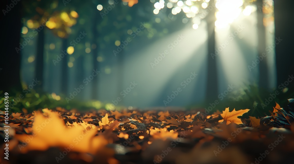 Poster Autumn forest scene with sunlight through trees