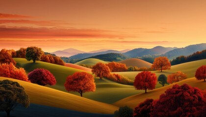 Autumn landscape with colorful trees and hills