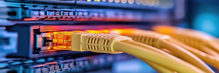 A yellow cable is connected to a computer, and it is an important part of the computer's network. The cable is used to transmit data between the computer and other devices, such as printers