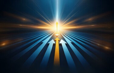 Fototapeta premium A single yellow arrow leads towards a bright light surrounded by a path of blue arrows.