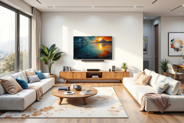 Fototapeta premium Modern living room with tv playing movie and big window letting light in