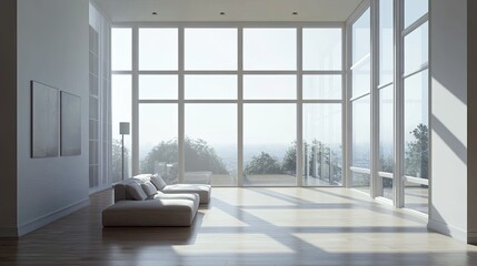 Fototapeta premium Minimalist living room with stylish furniture and large windows, no people, room for text