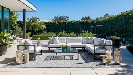 Fototapeta premium Modern Outdoor Patio with Chic Furniture and Lush Gre
