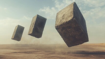 Floating blocks in minimalist desert landscape create surreal atmosphere