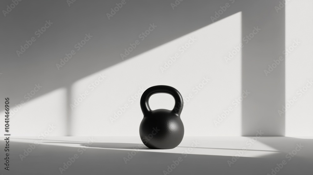 Poster a black kettlebell is placed on a bright surface, casting shadows against the white walls, highlight
