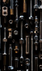 Metal hardware arranged on black background.