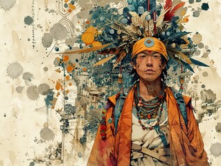 Fototapeta premium Native American Man in Traditional Attire with Cityscape Background