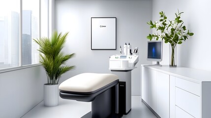Fototapeta premium Minimalist Black and White Graphic of a High Tech Dental Clinic Interior Featuring Abstract Technology Accents and a Clean Modernist Design Aesthetic