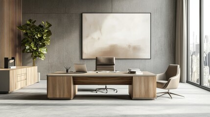 Minimalist modern office with clean desk and stylish decor, no people, ample space for tex