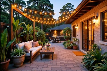 Fototapeta premium Experience a Cozy and Inviting Outdoor Living Space Adorned with Stylish Lighting and Lush Greenery