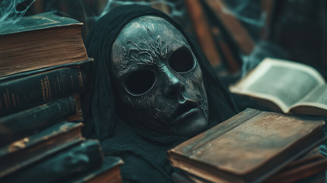 A ghost mask with a spectral look and hollow eyes, set in a dimly lit, old library with dusty books and cobwebs for a spine-chilling scene.