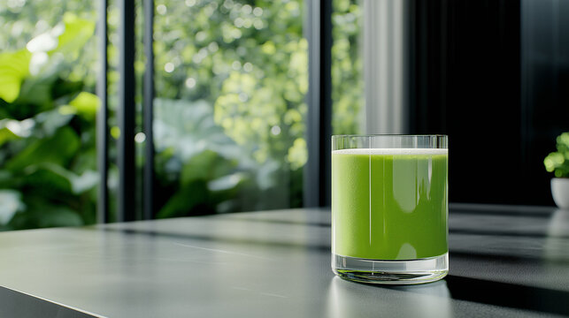 Vibrant Green Smoothie in a Modern Minimalist Setting: Freshness and Sophistication