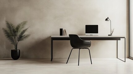 Minimalist workspace with clean desk and stylish decor, no people, ample space for copy text