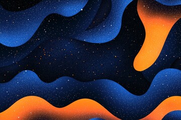 A minimalistic background with blue and orange wavy shapes, a starry sky, a grainy texture.