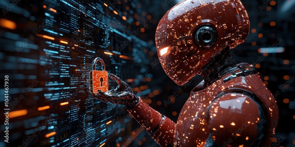 Aufkleber A red robotic figure with a glowing lock in its hand, standing in front of a digital screen.