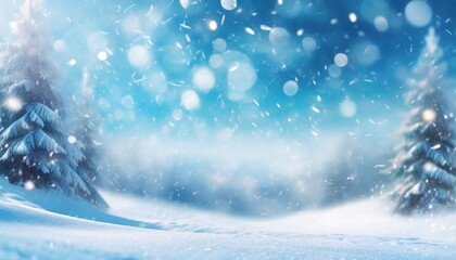 Snow falling gently in a serene winter landscape, with snow-covered trees and a blurred background.