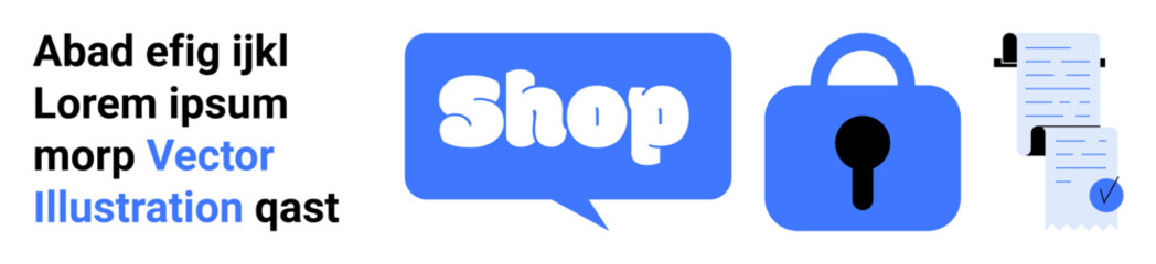 Blue speech bubble with text Shop, padlock, documents with checkmark, and sample text. Ideal for online shopping, security, e-commerce protection, data privacy, and digital transactions. Landing page