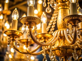 Fototapeta premium Stunning Macro Photography of a Gold Chandelier with Nine Lights, Capturing Intricate Details and Elegant Design for Interior Decor and Luxury Ambiance