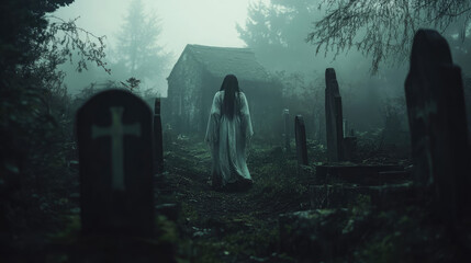 Scary ghost girl with a spectral aura emerging from a misty, abandoned cemetery with old, crumbling gravestones
