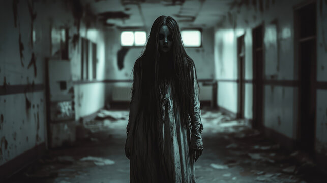 A scary ghost girl with eerie, hollow eyes and a flowing, tattered gown stands silently in the shadows of an old, forgotten hospital room.