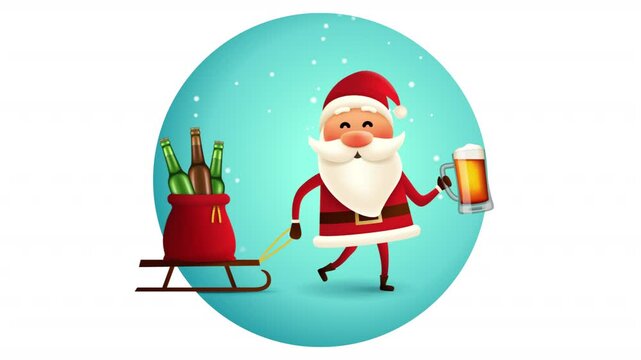 Santa with beer mug animation. Santa Claus pulling a sleigh with a sack of beer bottles holding beer mug in a hand. Animated christmas character.