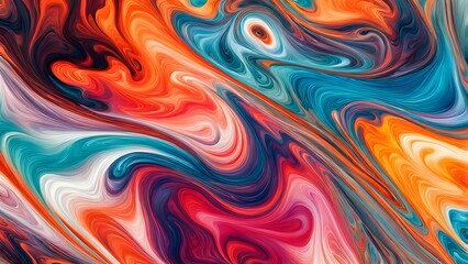 Obraz premium Immersive Abstract Fluid Art Featuring a Beautifully Chaotic Mix of Swirling Colors, Blending Fiery Reds, Cool Blues, and Bright Oranges into a Stunn
