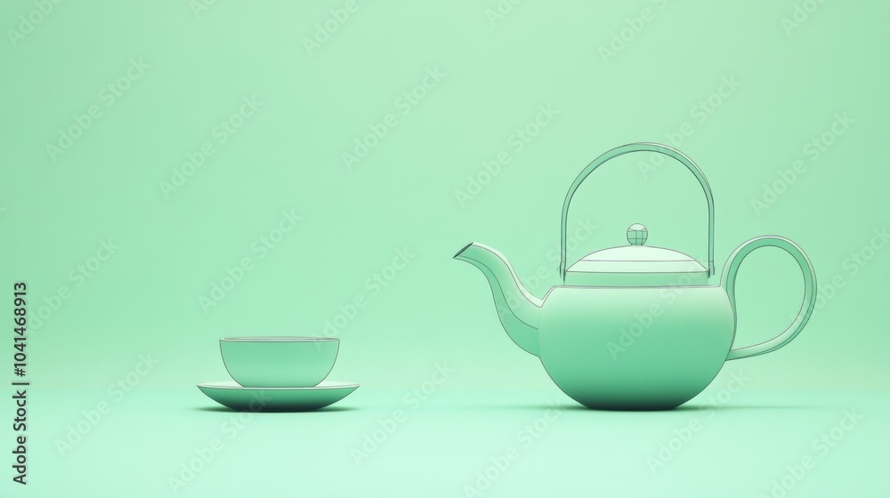 Poster A simple line drawing showcases a teapot alongside a cup on a calming green background, creating a peaceful atmosphere for tea lovers. Generative AI