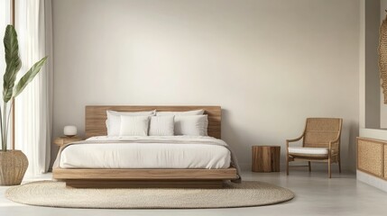 Modern bedroom with stylish furniture and minimalist decor, no people, open space for copy text