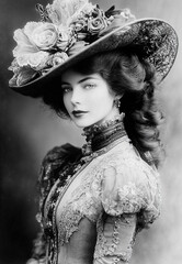 A beautiful young woman with lush hair, wearing an expensive dress and a large hat with flowers. Vintage black and white photograph from the mid-19th century.