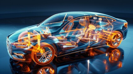 A sleek, futuristic car design is illuminated, revealing its internal components and innovative technology in a captivating display of engineering excellence