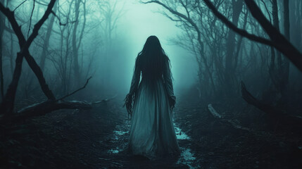 Eerie ghost girl with a disheveled appearance and a torn gown, set against a foggy, dark forest with twisted branches and an unsettling atmosphere.