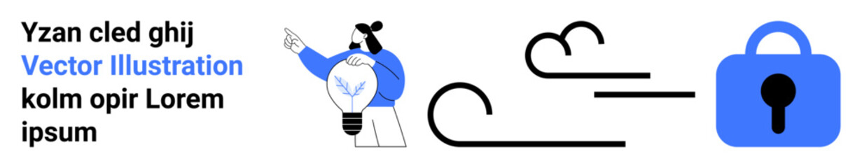 Cartoon character pointing to cloud and lock symbol. Ideal for online security, data protection, cloud storage, cybersecurity, privacy concerns. Landing page