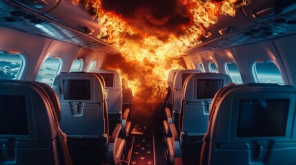 Passengers face peril as flames erupt in the airplane cabin, creating a scene of chaos and despair high above the clouds during a critical moment
