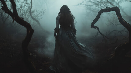 A woman in a long dress stands in a forest with trees and branches