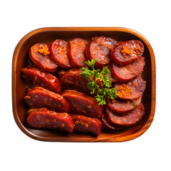 Top view of Gourmet Sliced Spanish Chorizo on Wooden Plate PNG, Rustic Chorizo with Fresh on Wooden Plate, Chorizo with Herbs and Spices on transparent, 