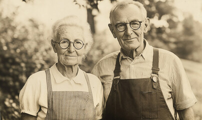 Vintage sepia tone black and white photograph with grandparents, elderly couple, farmers in countryside.