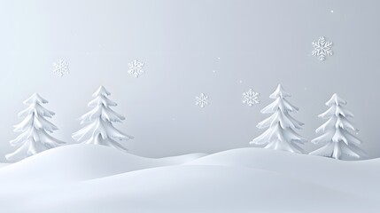 Obraz premium A serene winter landscape with snow-covered pine trees and simple white tones, evoking a peaceful and minimal winter wonderland..