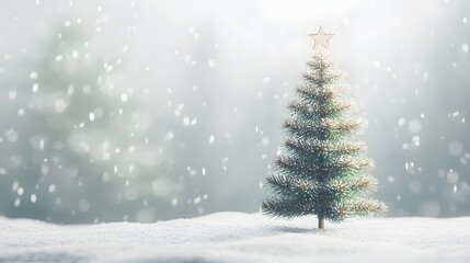 Obraz premium A simple Christmas tree adorned with snow, set in a bright, snowy landscape with softly falling snowflakes, creating a peaceful winter scene..
